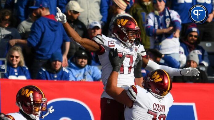 Washington Commanders WR Terry McLaurin (17) celebrates after a touchdown.