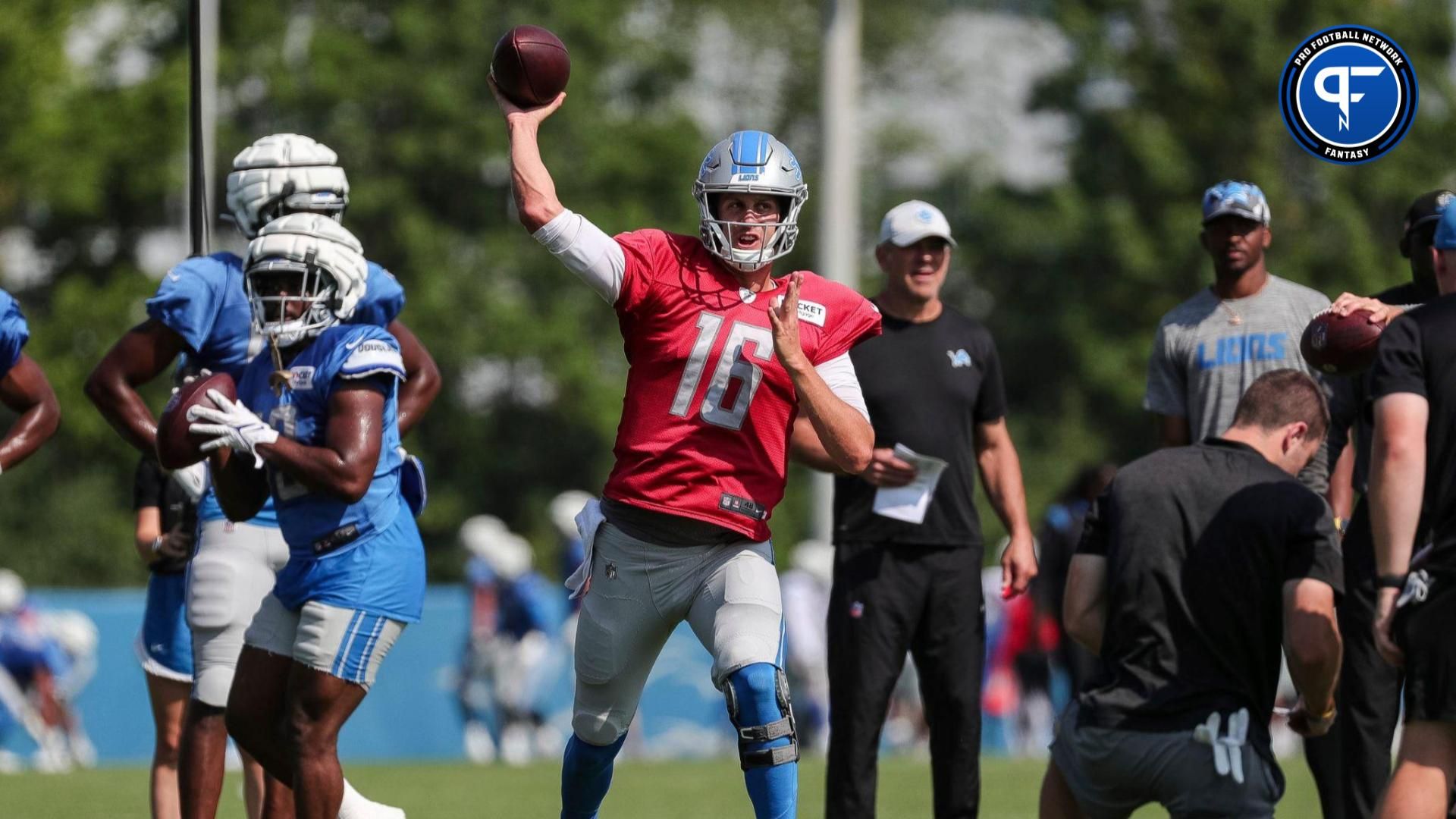 Detroit Lions quarterback Jared Goff makes a pass during the joint practice with New York Giants at Detroit Lions headquarters and training facility in Allen Park on Wednesday, August 9, 2023.
