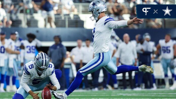 Brandon Aubrey kicks a field goal for the Cowboys.