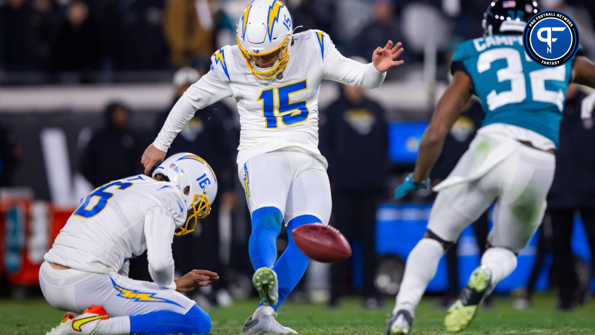Los Angeles Chargers kicker Cameron Dicker (15) against the Jacksonville Jaguars during a wild card playoff game at TIAA Bank Field.