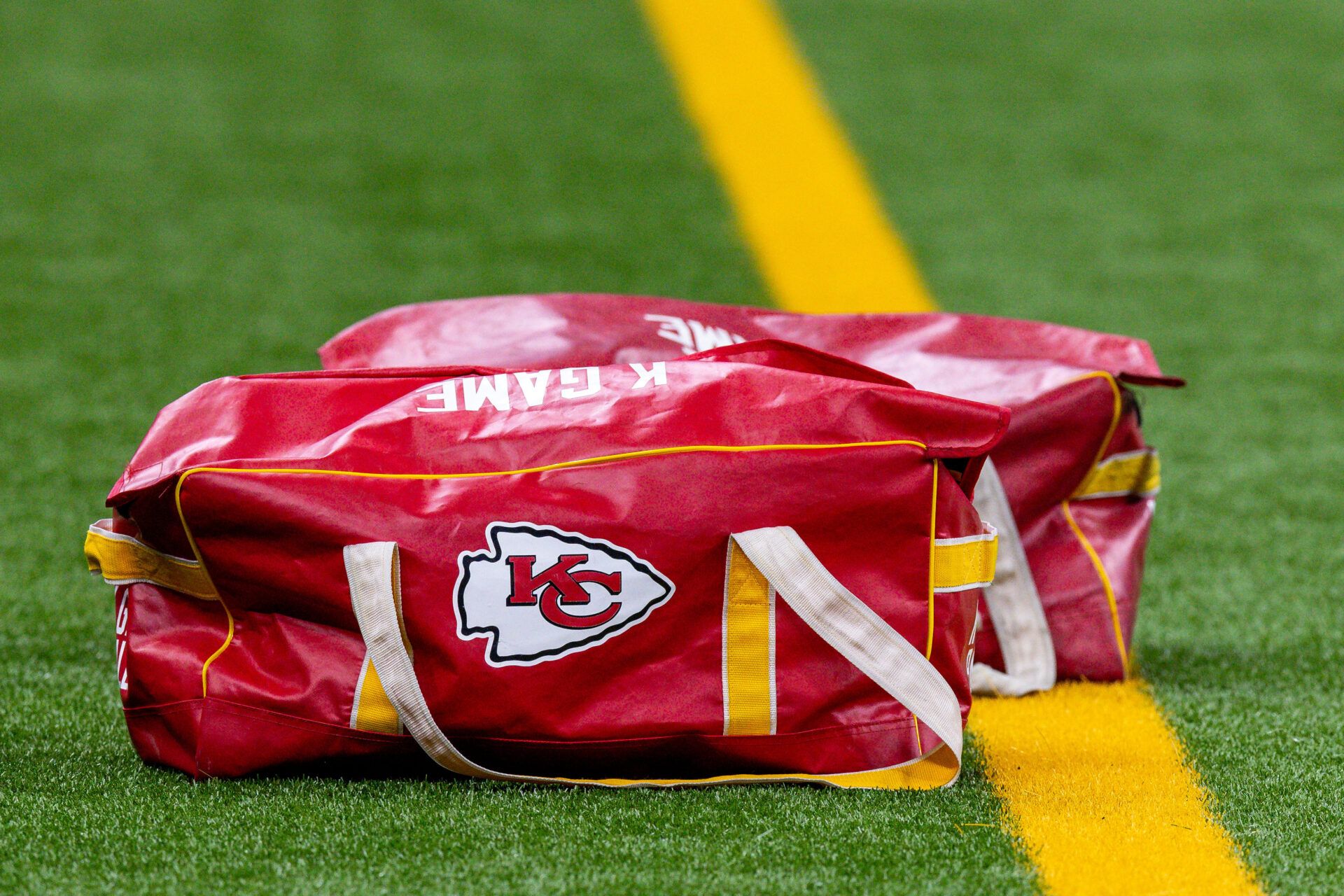 General view of the Kansas City Chiefs kicker ball bags during warm ups before the game against the New Orleans Saints at the Caesars Superdome.