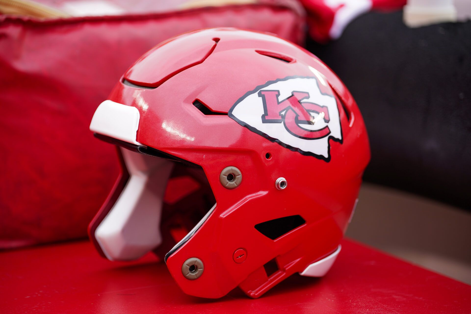 A general view of a Kansas City Chiefs helmet prior to a game against the Cleveland Browns at GEHA Field at Arrowhead Stadium.