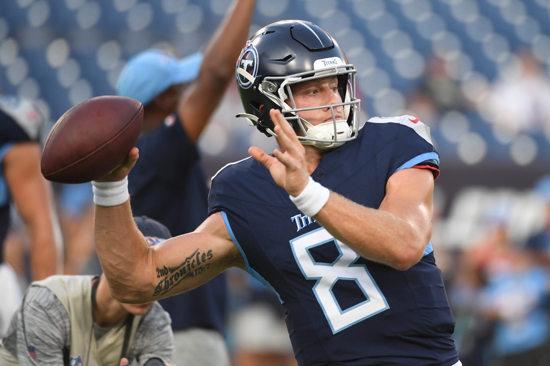 Will Levis (8) warms up before the game against the New England Patriots at Nissan Stadium.