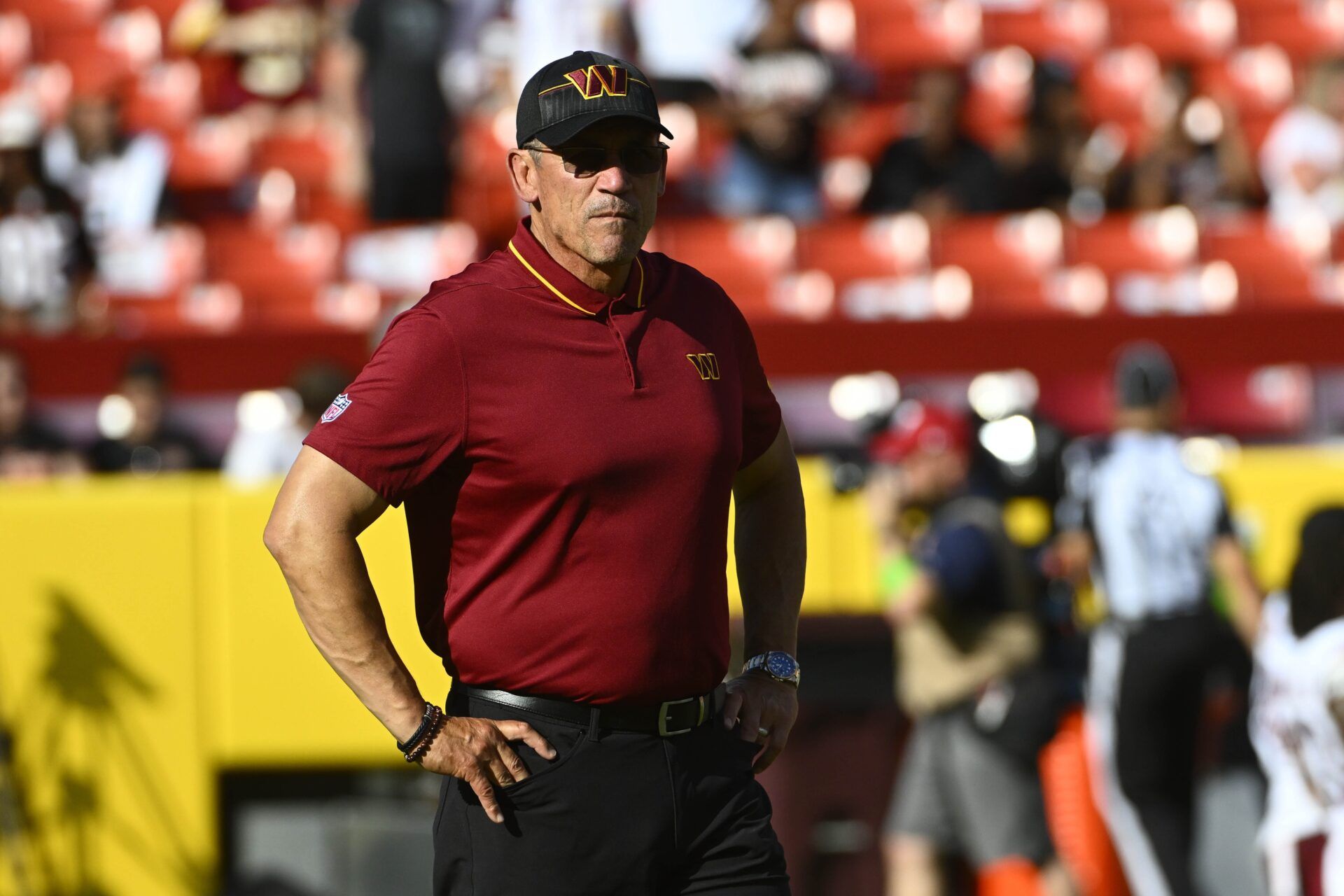 Washington Commanders head coach Ron Rivera looks on before the game between the Washington Commanders and the Cincinnati Bengals.