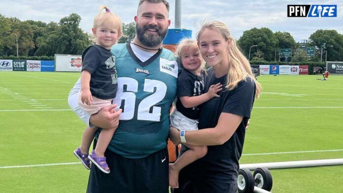 Philadelphia Eagles center Jason Kelce with his wife, Kylie, and their two daughters.