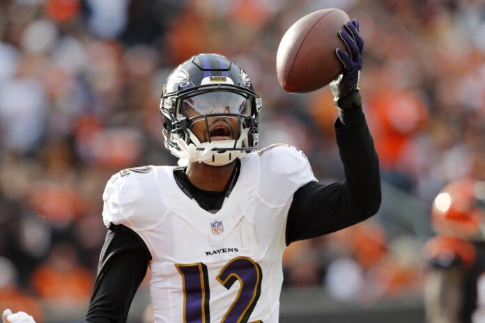 Baltimore Ravens wide receiver Rashod Bateman (12) celebrates after a touchdown against the Cincinnati Bengals.