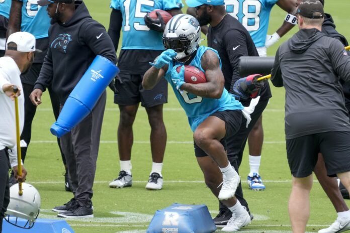 Carolina Panthers RB Miles Sanders (6) during drills at practice.