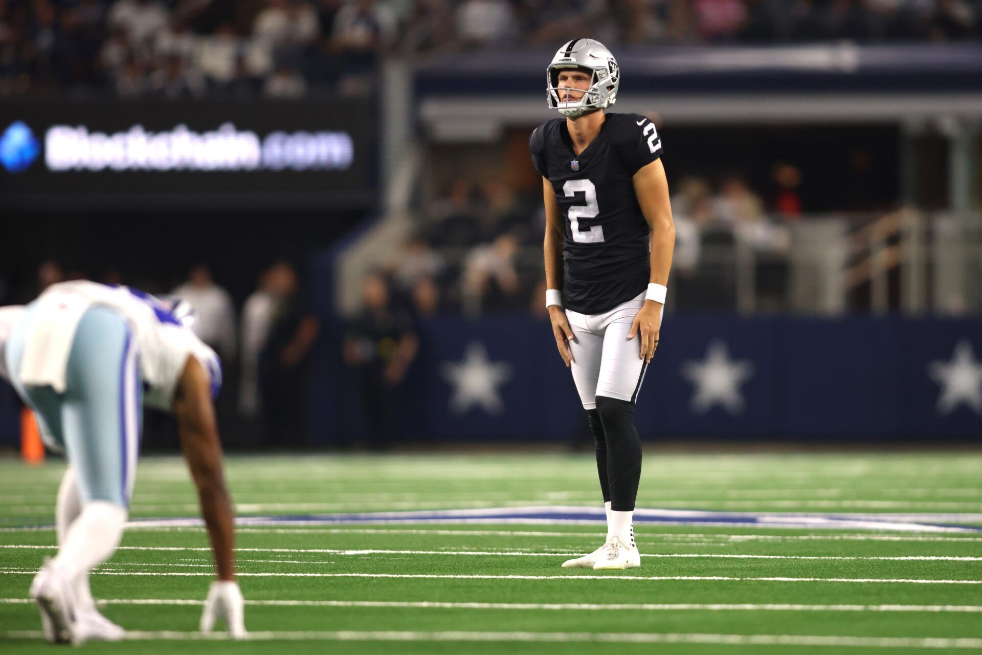 Las Vegas Raiders place kicker Daniel Carlson (2) lines up for a field goal in the first half against the Dallas Cowboys at AT&T Stadium.