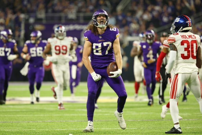 Minnesota Vikings tight end T.J. Hockenson (87) reacts after a play against the New York Giants during the second quarter of a wild card game at U.S. Bank Stadium.