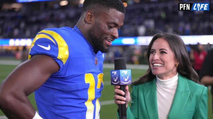 Sideline reporter Kaylee Hartung interviews Van Jefferson at Raiders vs. Chargers game.