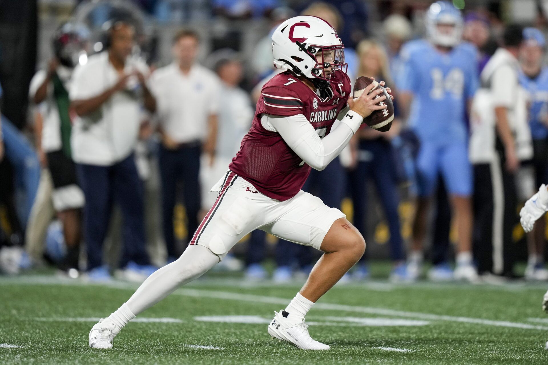 QB Spencer Rattler takes off running against the Tar Heels.