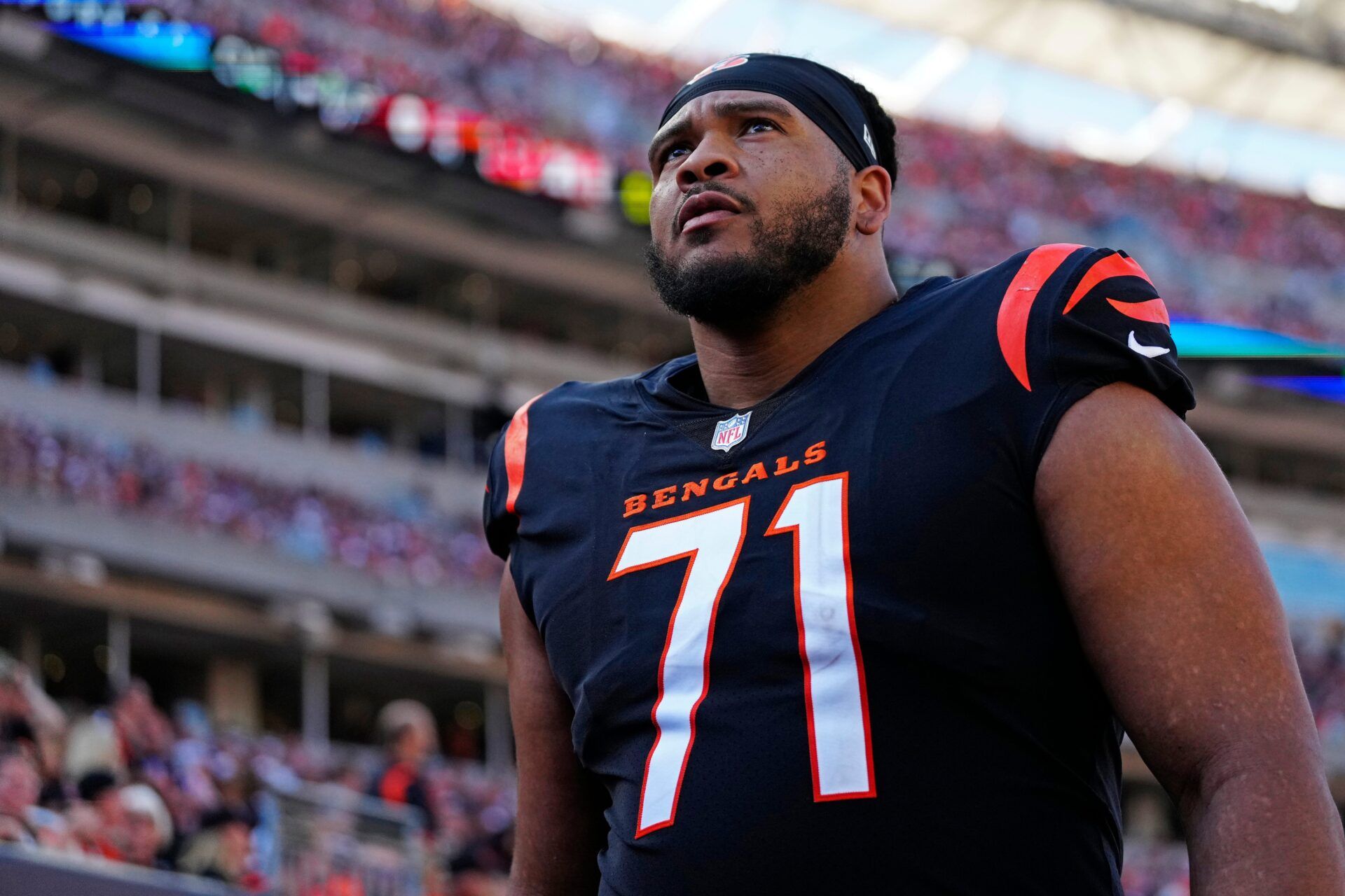 Cincinnati Bengals offensive tackle La'el Collins (71) walks for the locker room before halftime in the second quarter of the NFL Week 7 game between the Cincinnati Bengals and the Atlanta Falcons at Paycor Stadium in downtown Cincinnati on Sunday, Oct. 23, 2022. The Bengals led 28-17 at halftime.