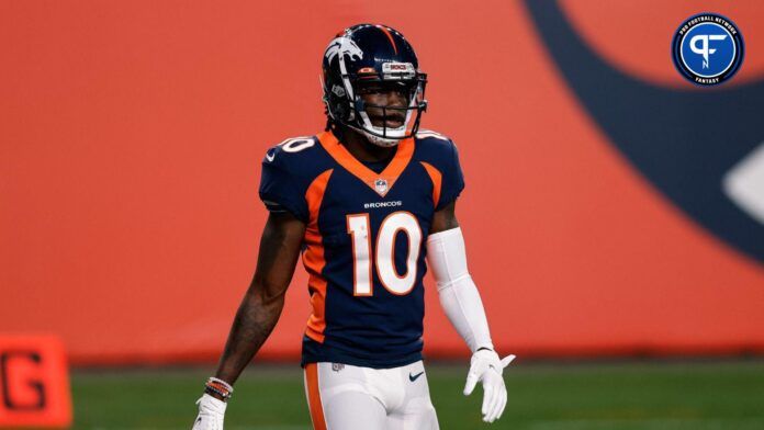 Jerry Jeudy (10) before the game against the Tennessee Titans at Empower Field at Mile High.