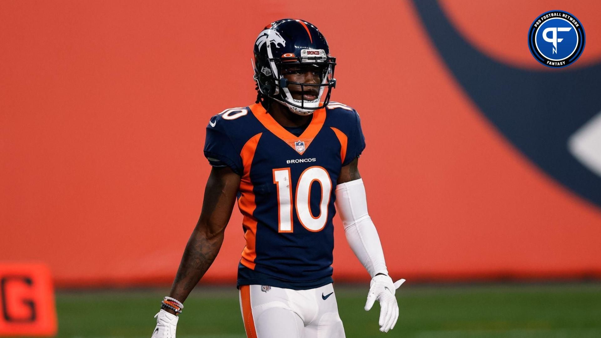 Jerry Jeudy (10) before the game against the Tennessee Titans at Empower Field at Mile High.
