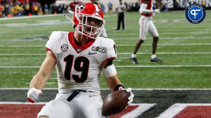 Brock Bowers (19) celebrates after scoring a touchdown during the College Football Playoff National Championship against Alabama at Lucas Oil Stadium on Jan. 10, 2022, in Indianapolis.