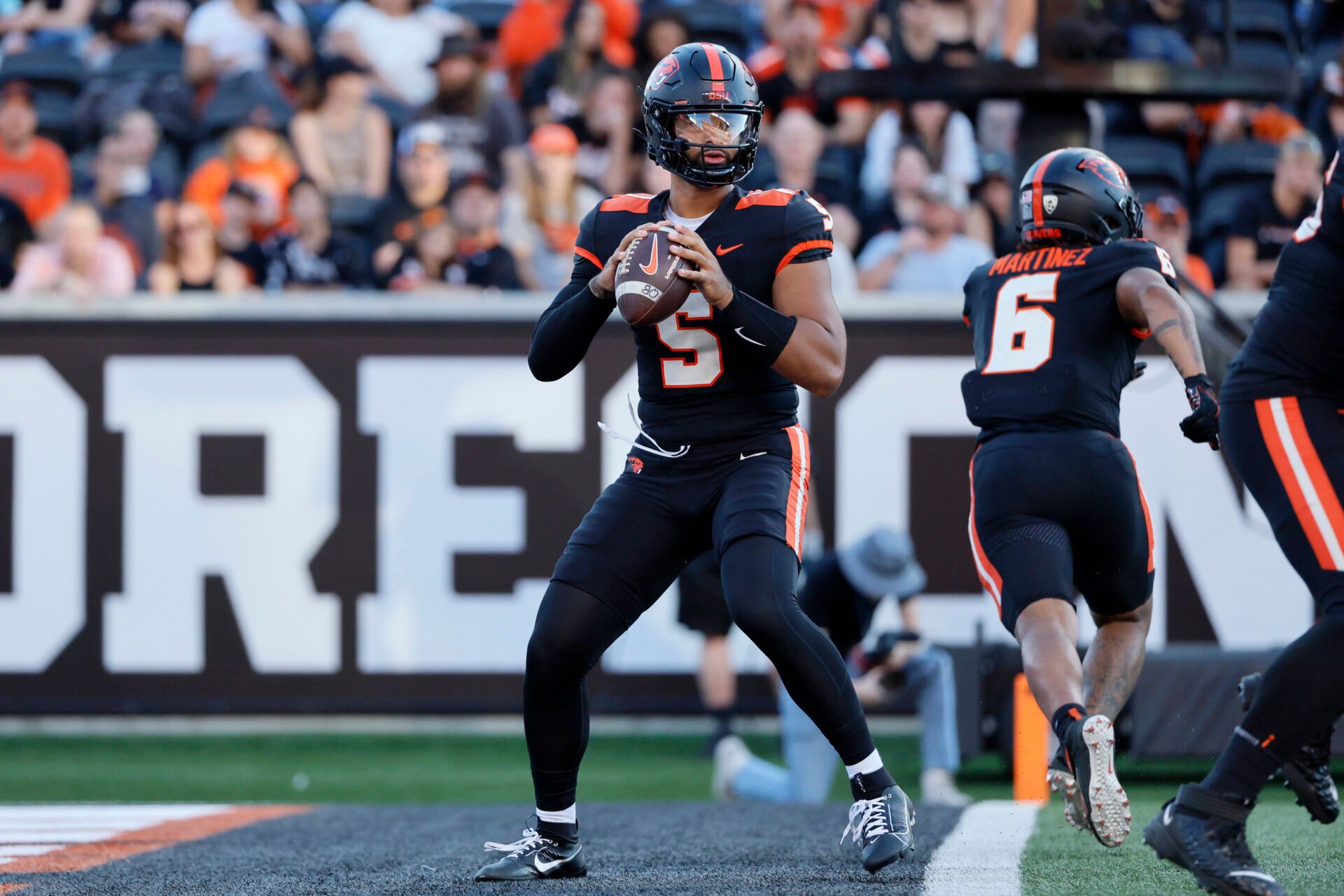 Sep 9, 2023; Corvallis, Oregon, USA; Oregon State Beavers quarterback DJ Uiagalelei (5) looks to throw during the first half against the UC Davis Aggies at Reser Stadium.