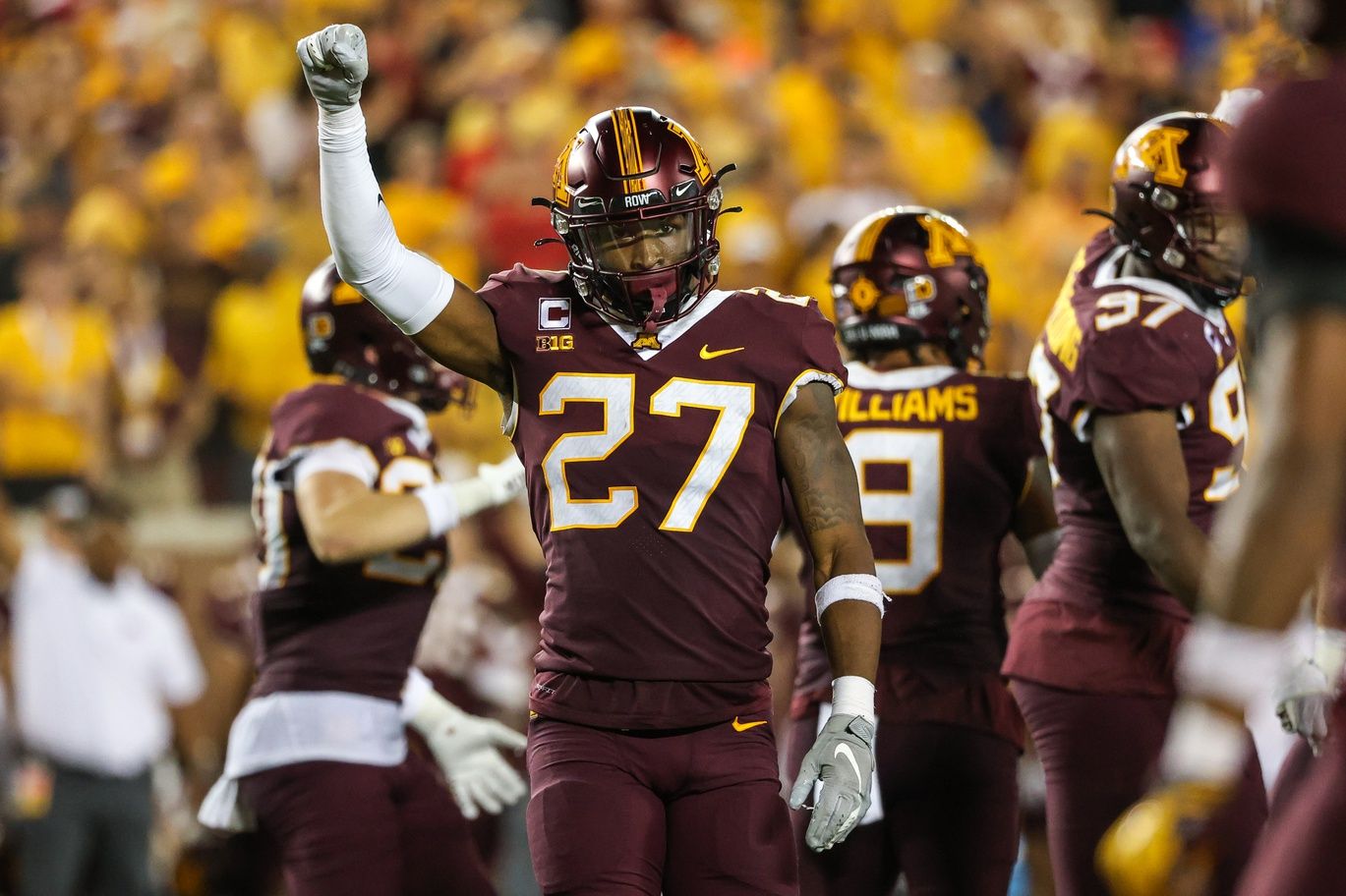 Tyler Nubin (27) celebrates a stop against the Nebraska Cornhuskers during the fourth quarter at Huntington Bank Stadium.