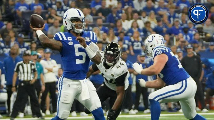 Indianapolis Colts quarterback Anthony Richardson (5) throws the ball, during a game against the Jacksonville Jaguars at Lucas Oil Stadium in Indianapolis.