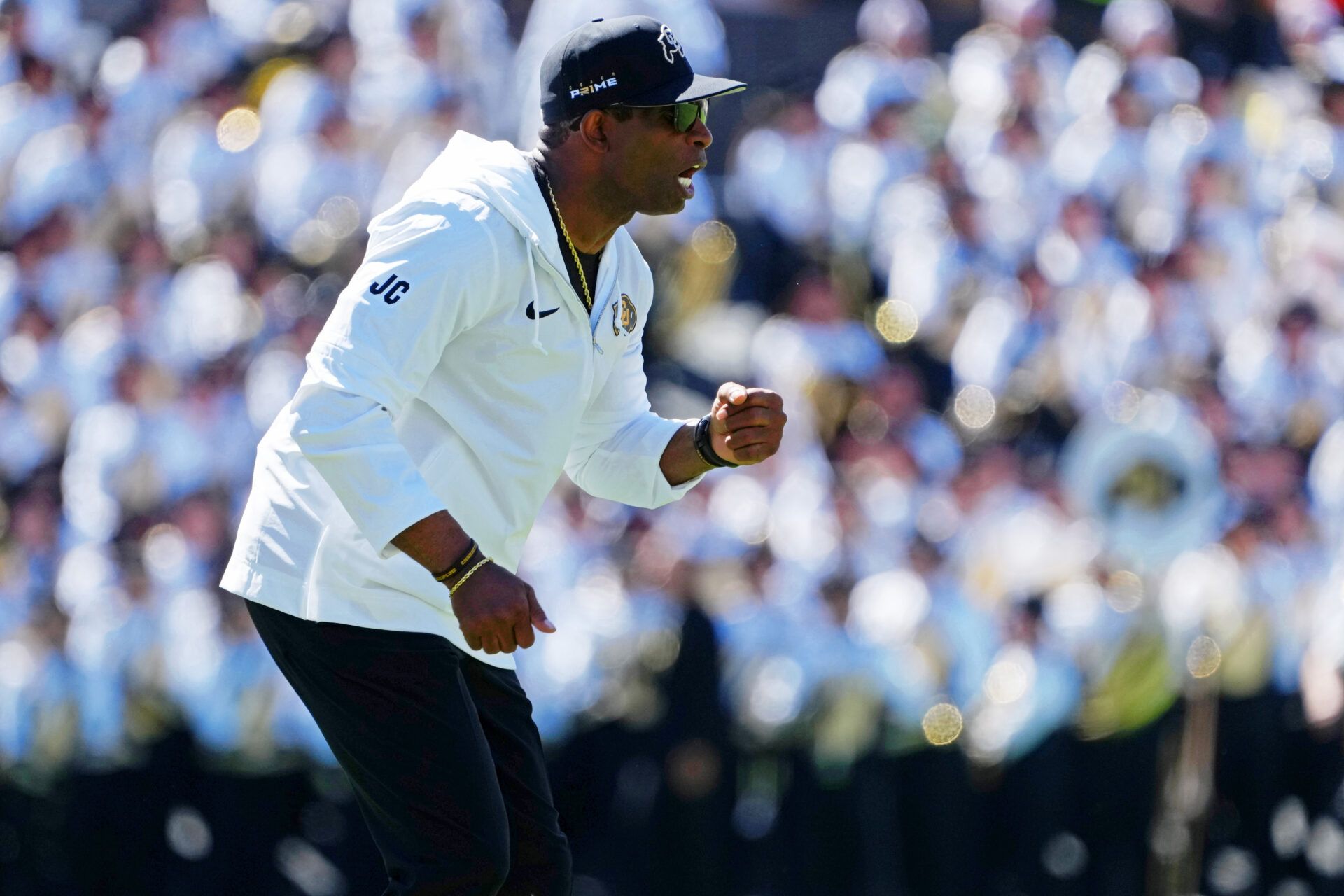 Colorado Buffaloes head coach Deion Sanders reacts after a play against the Nebraska Cornhuskers in the second quarter at Folsom Field.