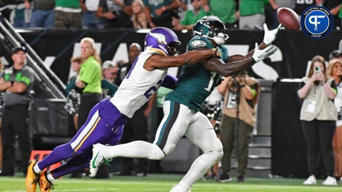 Philadelphia Eagles WR A.J. Brown (11) attempts a catch against the Minnesota Vikings.