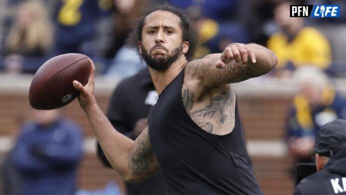 Colin Kaepernick passes during halftime at the Michigan Spring game at Michigan Stadium.