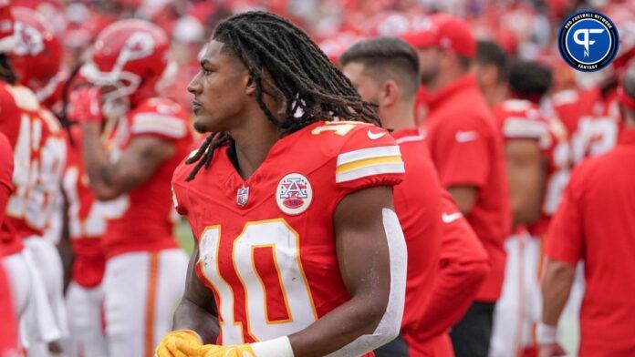 Isiah Pacheco (10) on the sidelines against the Cleveland Browns during the game at GEHA Field at Arrowhead Stadium.