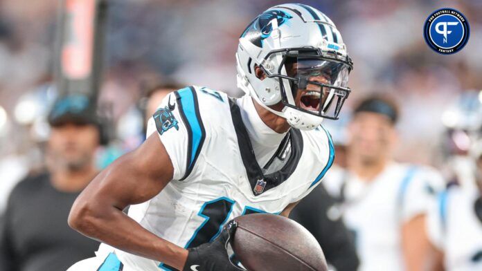 DJ Chark Jr. (17) reacts after a catch during the first half against the New York Giants at MetLife Stadium.