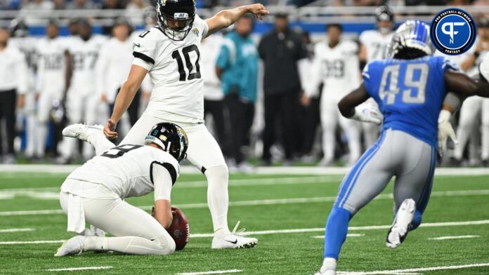 Jacksonville Jaguars place kicker Brandon McManus (10) kicks a field goal against the Detroit Lions in the second quarter at Ford Field.