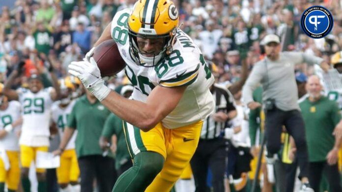 Green Bay Packers tight end Luke Musgrave (88) is wide open for a long reception in the fourth quarter during their football game Sunday, September 10, 2023, at Soldier Field in Chicago, Ill. The play helped set up a touchdown pass to wide receiver Romeo Doubs. Green Bay won 38-20.