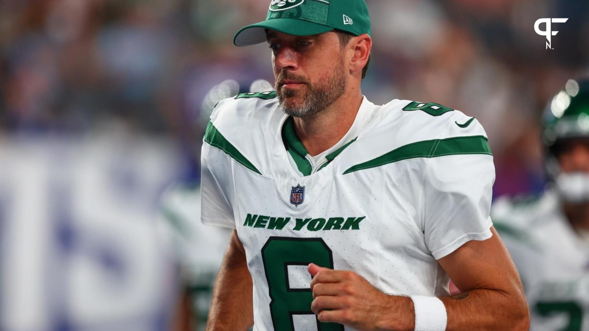 New York Giants QB Aaron Rodgers (8) leaves the field.