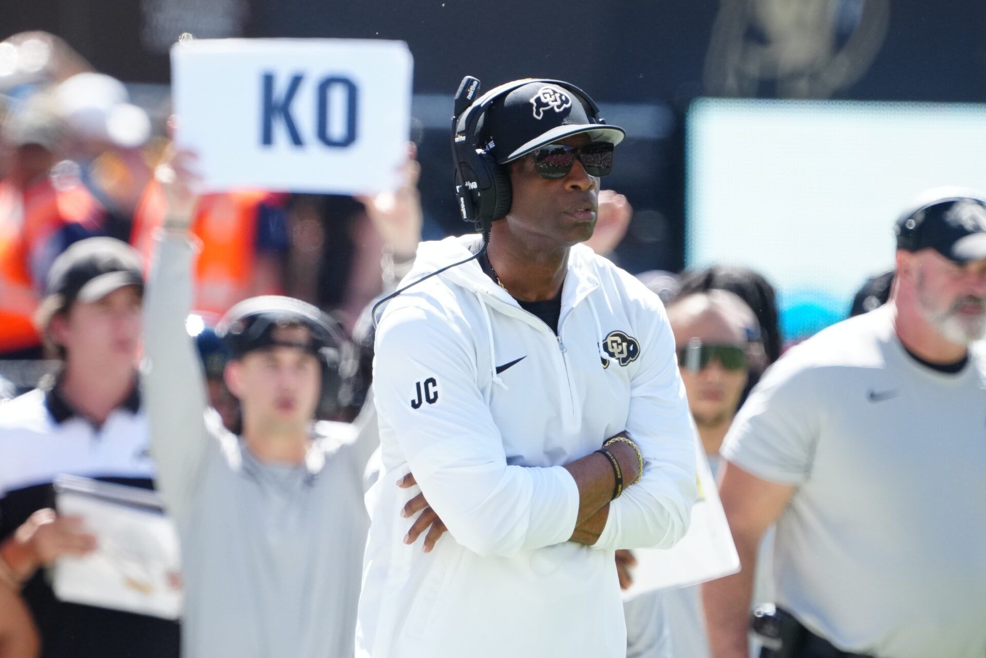 Colorado Buffaloes head coach Deion Sanders on the sidelines versus the Nebraska Cornhuskers.