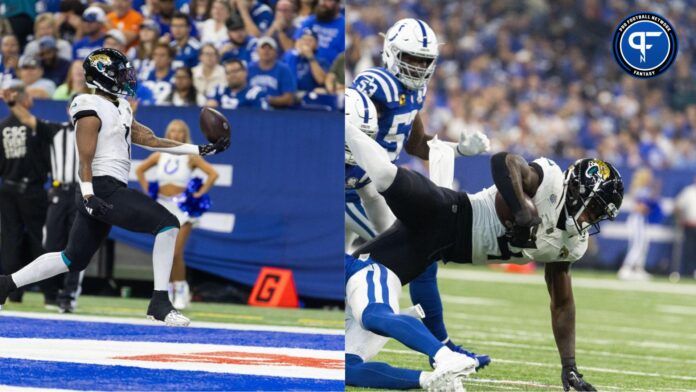 Jacksonville Jaguars running backs Travis Etienne Jr. and Tank Bigsby in action against the Indianapolis Colts.