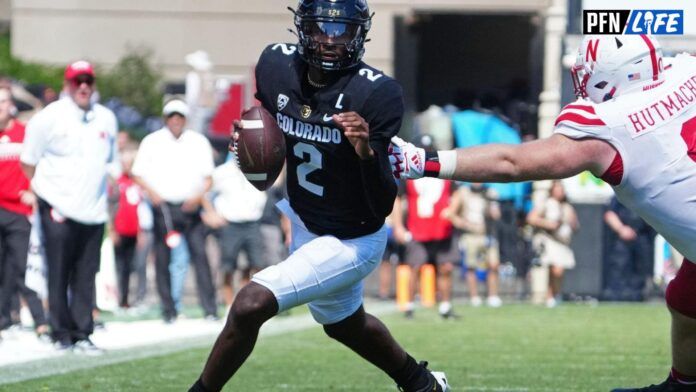 Colorado Buffaloes QB Shedeur Sanders (2) rolls out against Nebraska.