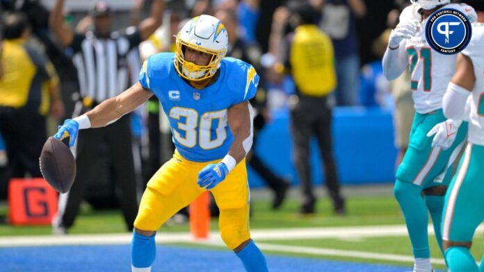 Los Angeles Chargers running back Austin Ekeler (30) celebrates after a touchdown in the first half against the Miami Dolphins at SoFi Stadium.