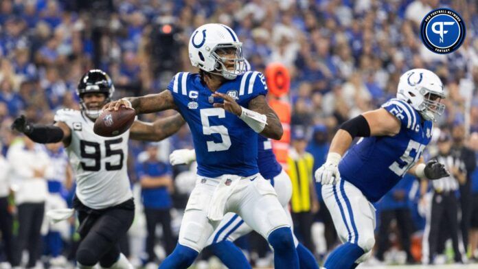 Indianapolis Colts QB Anthony Richardson (5) passes the ball against the Jacksonville Jaguars.