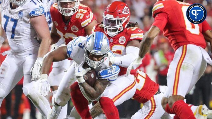 Detroit Lions running back David Montgomery (5) runs against Kansas City Chiefs during the second half at Arrowhead Stadium in Kansas City, Mo. on Thursday, Sept. 7, 2023.