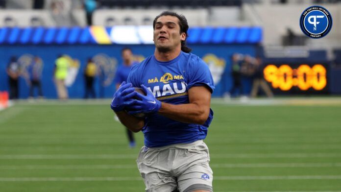 Los Angeles Rams WR Puka Nacua warms up before a game.