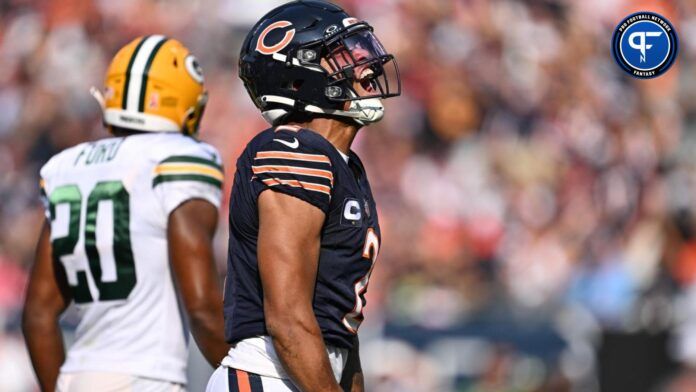 Chicago Bears WR DJ Moore (2) screams in celebration against the Green Bay Packers.