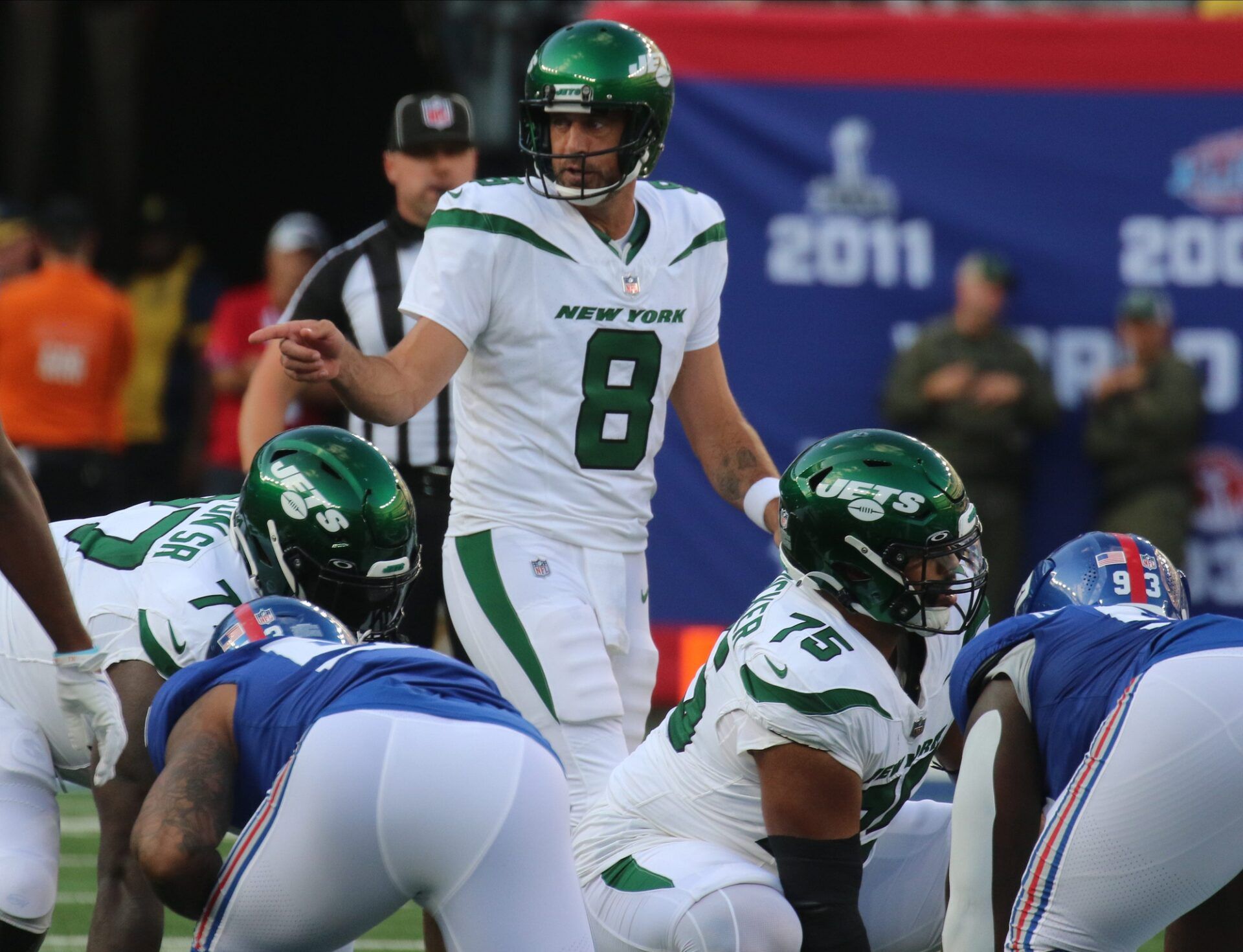 East Rutherford, NJ August 26, 2023 -- Jets quarterback Aaron Rodgers on the first offensive series for the Jets in the first half. The NY Jets against the NY Giants on August 26, 2023 at MetLife Stadium in East Rutherford, NJ, as the rivals play their final preseason game before the start of the NFL season.