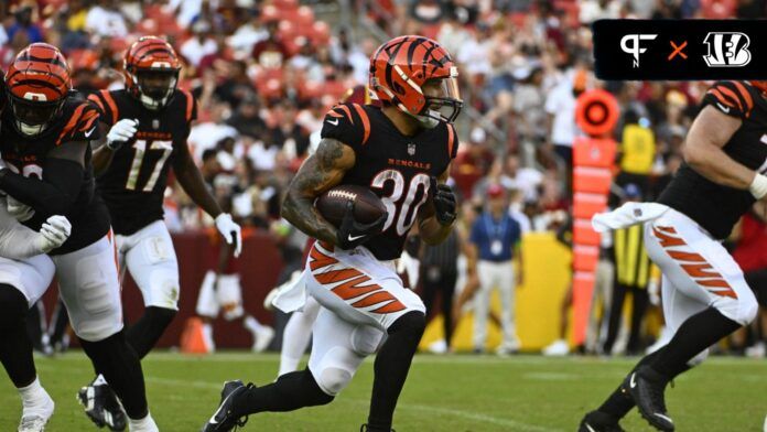 Cincinnati Bengals RB Chase Brown (30) rushes the ball against the Washington Commanders.