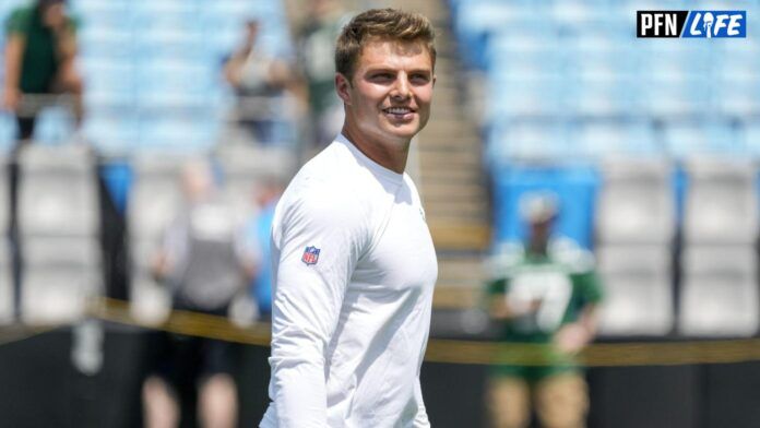 New York Jets quarterback Zach Wilson (2) during pre game warm ups against the Carolina Panthers at Bank of America Stadium.