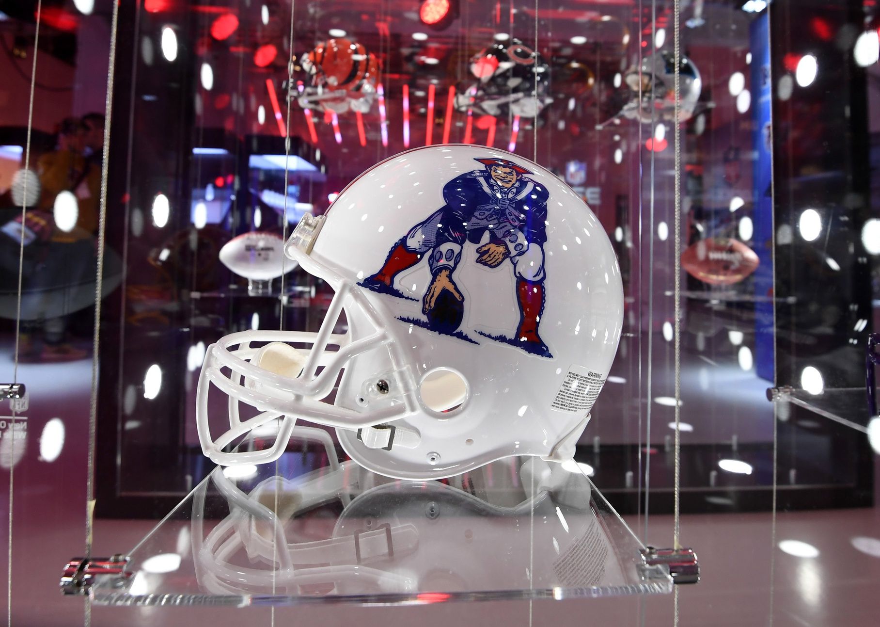 New England Patriots helmet on display during the NFL International Series Fan Rally at the Victoria House.