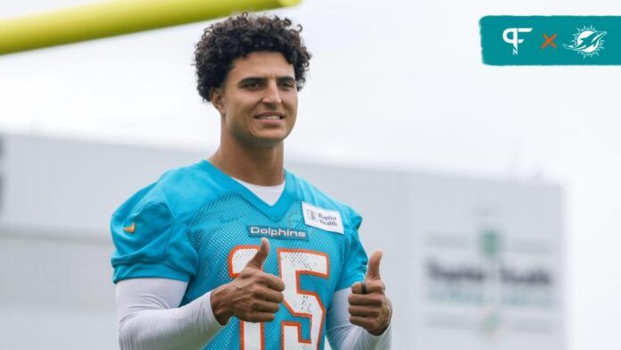 Jaelan Phillips (15) reacts during mandatory minicamp at the Baptist Health Training Complex.