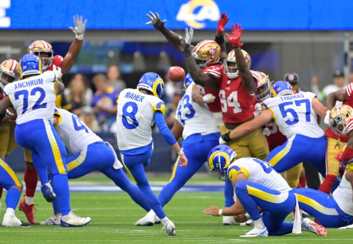 Los Angeles Rams place kicker Brett Maher (8) kicks a field goal in the first half against the San Francisco 49ers at SoFi Stadium.