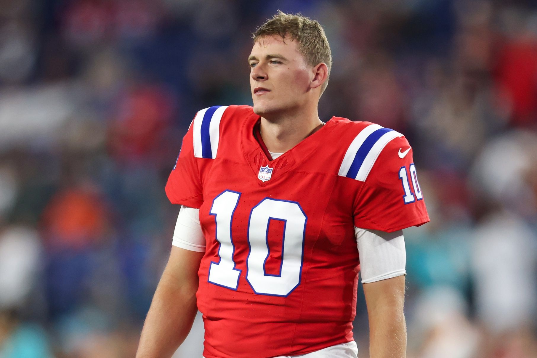 Mac Jones (10) reacts before playing the Miami Dolphins at Gillette Stadium.