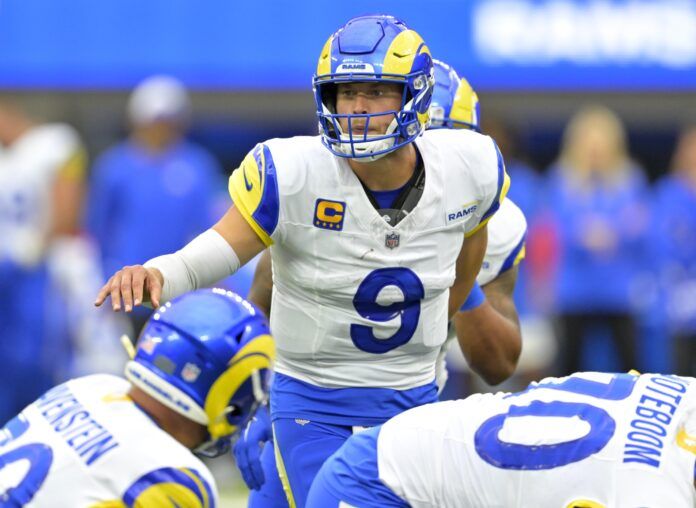 Matthew Stafford (9) calls a play in the first half against the San Francisco 49ers at SoFi Stadium.