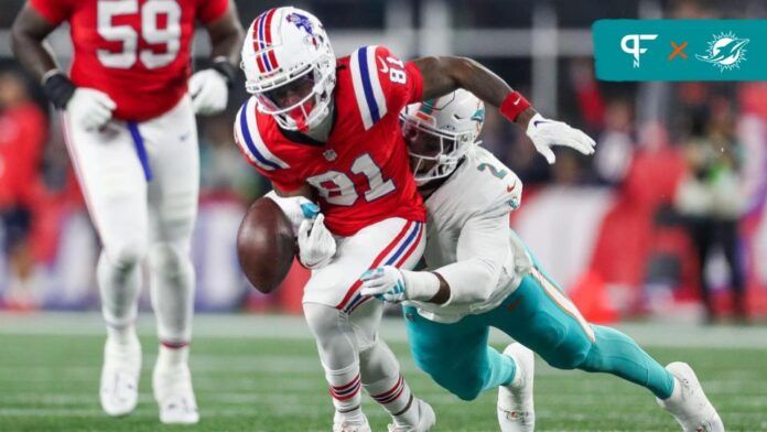 Bradley Chubb (2) forces New England Patriots receiver Demario Douglas (81) to fumble the ball during the first half at Gillette Stadium.