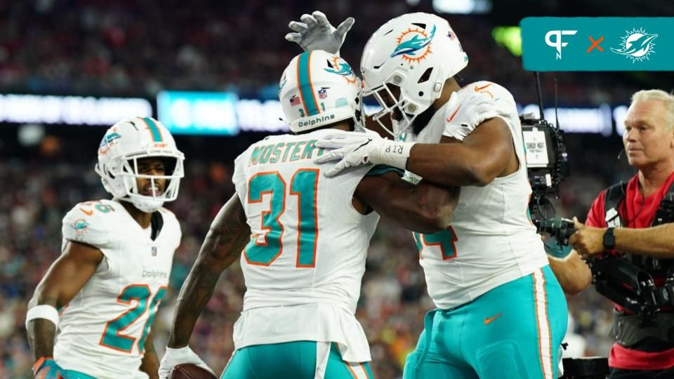 Raheem Mostert (31) is congratulated after his touchdown against New England Patriots in the second quarter at Gillette Stadium.