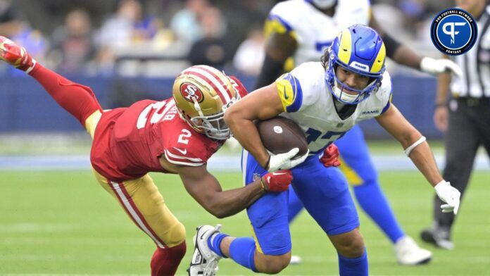 Los Angeles Rams WR Puka Nacua (17) runs after the catch against the San Francisco 49ers.