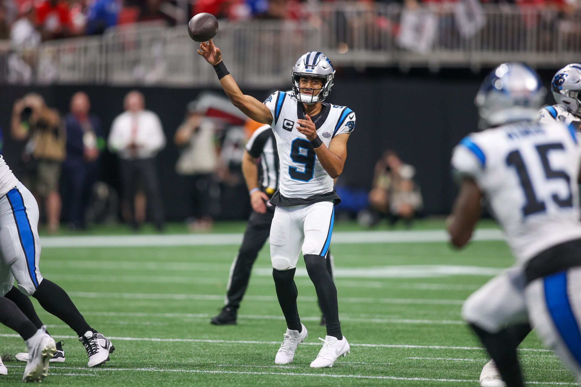 Carolina Panthers quarterback Bryce Young (9) throws a pass against the Atlanta Falcons in the second half at Mercedes-Benz Stadium.